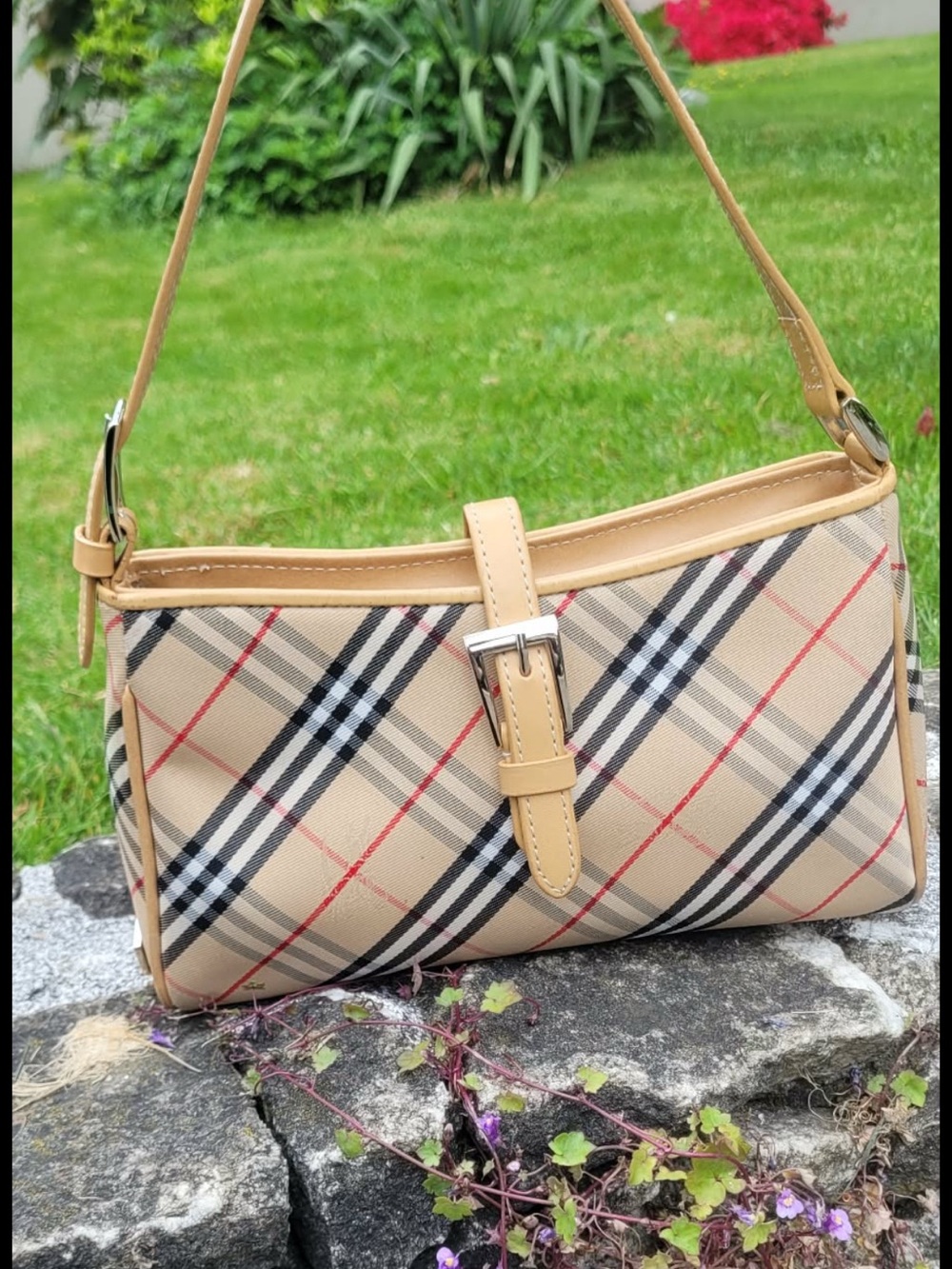 Authentic Burberry Beige Plaid Shoulder Bag with Tan Trim